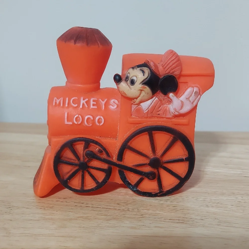 Vintage 1970s Danara Disney Mickey's Loco Orange Train Squeaky Toy – Rare